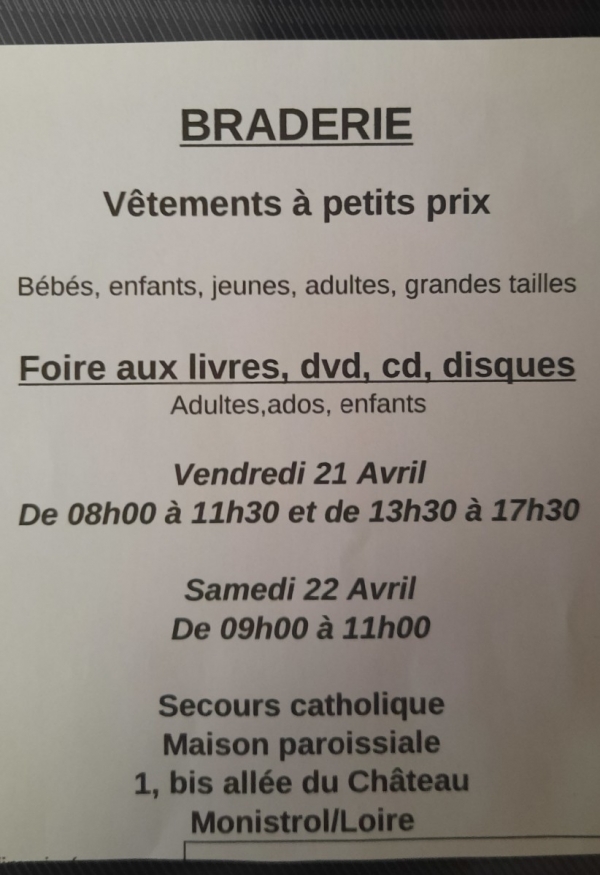 Braderie du Secours catholique de Monistrol-sur-Loire les 21 et 22 avril