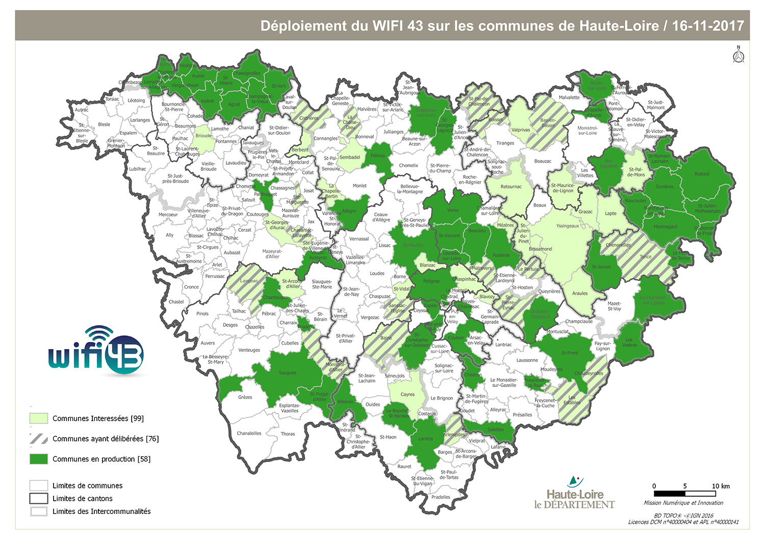 WiFi 43 Carte du déploiement en Haute Loire