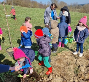 Tence : les écoliers de Saint-Martin plantent des arbres fruitiers dans une ferme